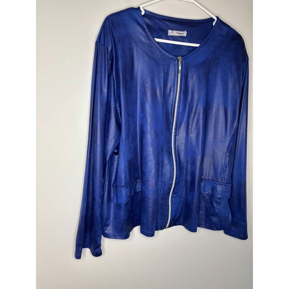 MAGNA Faux Leather Full Zip Top Womens 2X Blue Black Muddled Pocket Plus Stretch - Picture 4 of 5